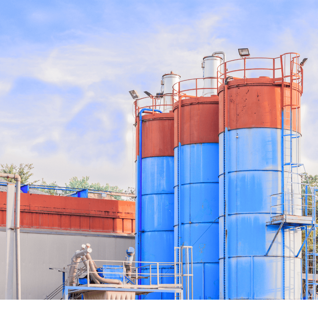Industrial storage tanks for bulk material and liquid storage in processing plant