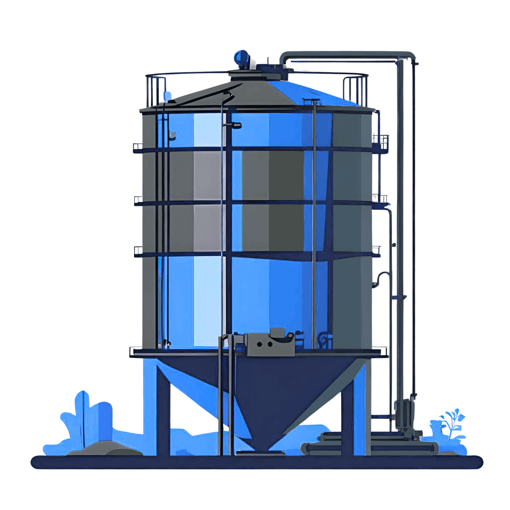Illustration of an industrial bulk storage tank with access platforms and discharge cone